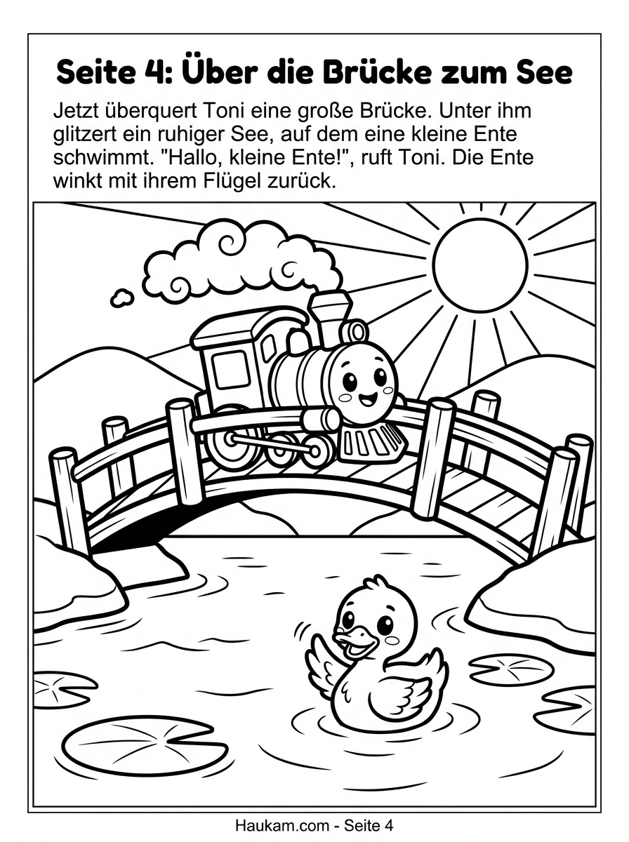 Ausmalbild Zug : Wie Tonis Reise durch Berge, Bauernhof und Fest kleine Künstler begeistert 4 Ausmalbild Zug auf der Brücke – niedlicher Chibi-Zug Toni überquert eine Brücke über einem ruhigen See mit schwimmender Ente, Malvorlage zum Ausmalen