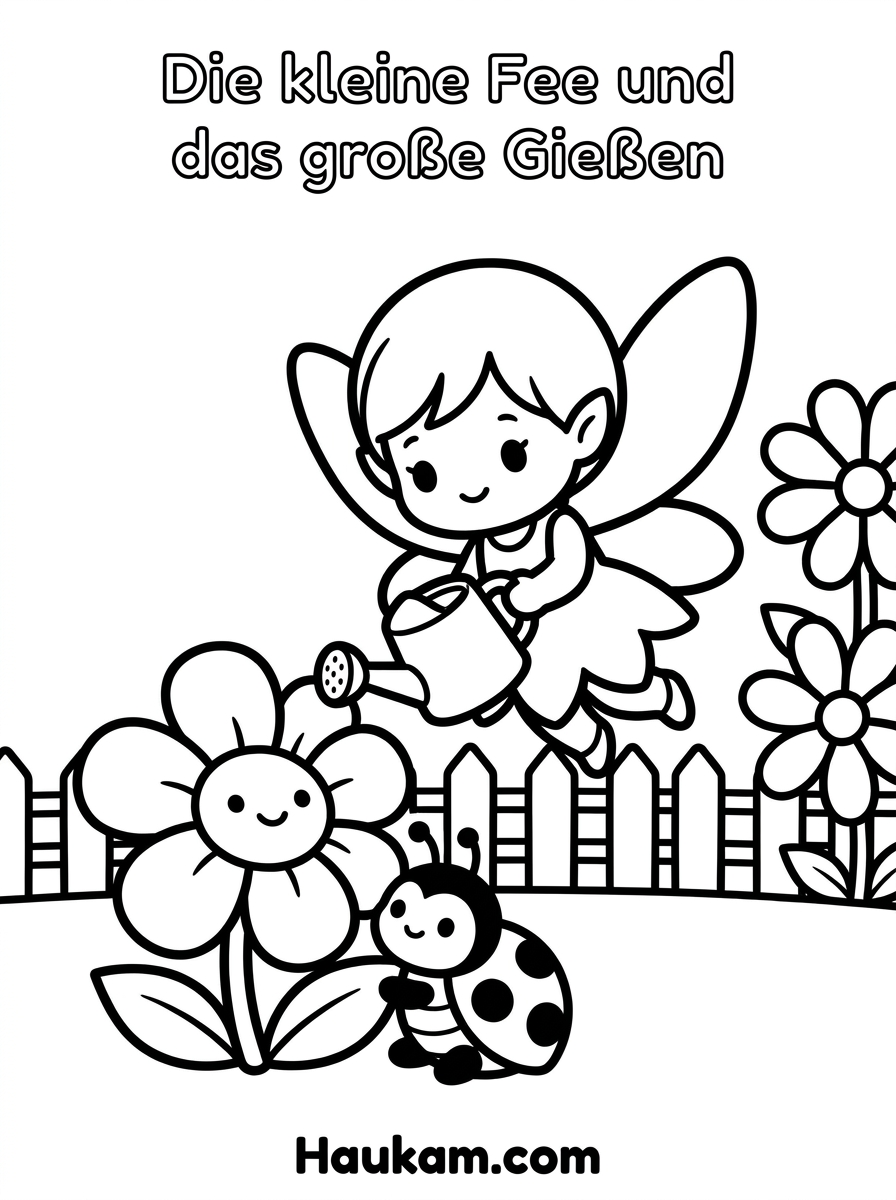 Ausmalbilder Feen zum Ausdrucken – 5 zauberhafte Vorlagen 4 Ausmalbilder Feen – Fee gießt eine Blume neben Marienkäfer, Malvorlage Garten für Kinder