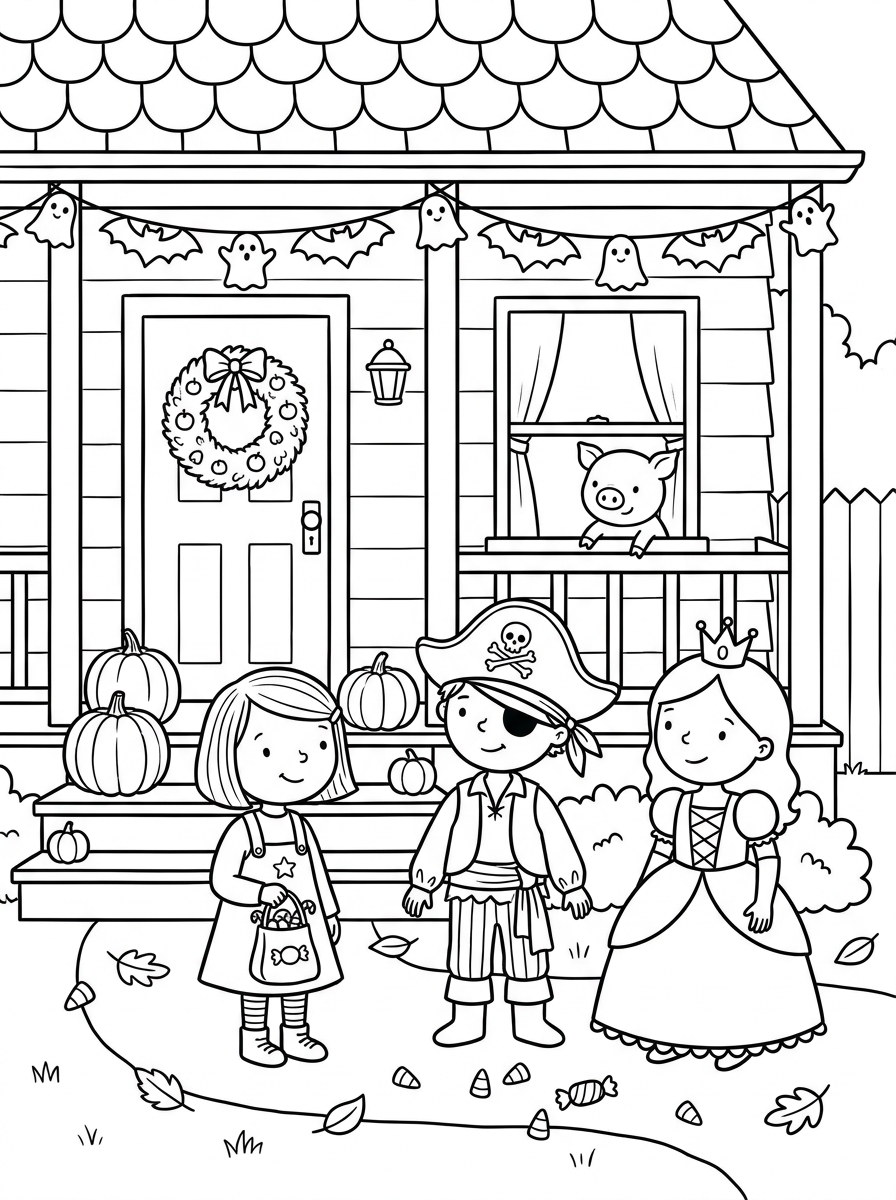 Ausmalbilder Halloween für Kinder : Wie Hexe Lotta kleinen Künstlern das Gruseln austreibt 4 Ausmalbild Halloween für Kinder: Hexe Lotta, ein Pirat und eine Prinzessin sammeln Süßigkeiten vor einer geschmückten Haustür