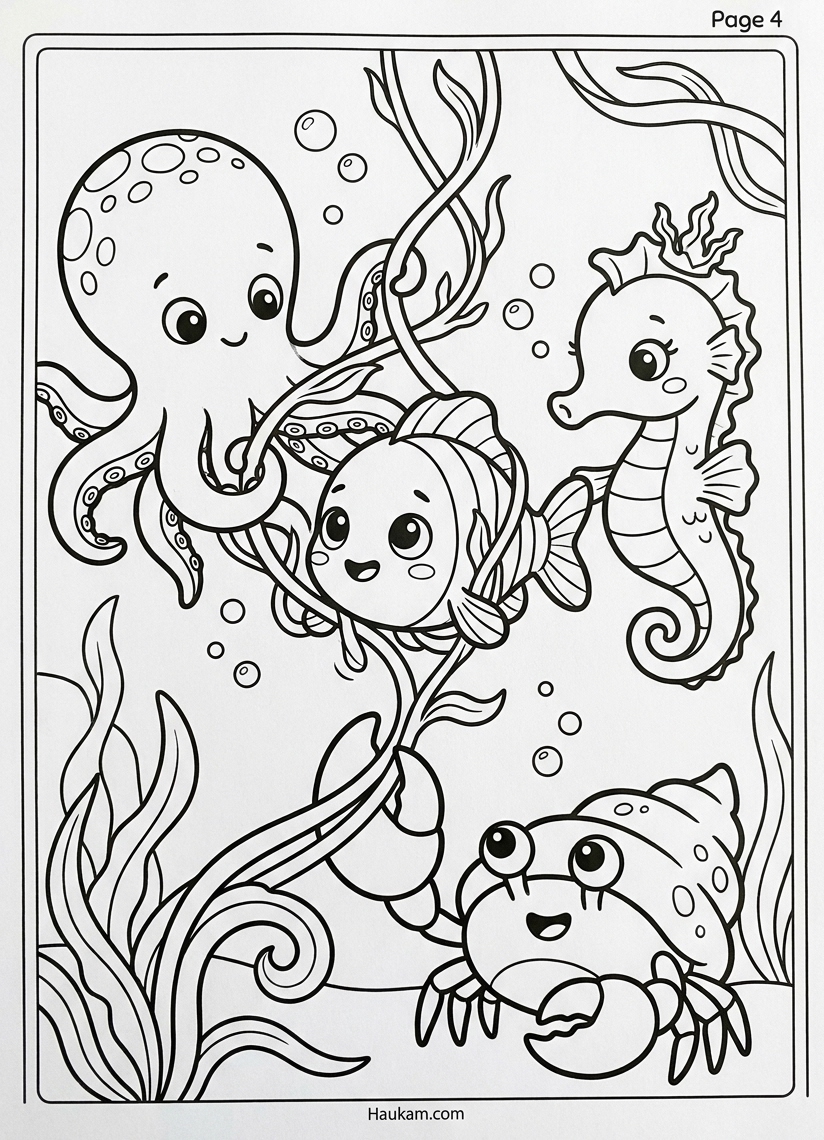 Ausmalbilder Unterwasserwelt : Eine bezaubernde Malvorlagen-Geschichte mit Ozzi dem Oktopus 4 Ausmalbilder Unterwasserwelt: Ozzi, Perla und Kalle befreien den kleinen Fisch Fini aus dem Seetang, Malvorlage für Kinder