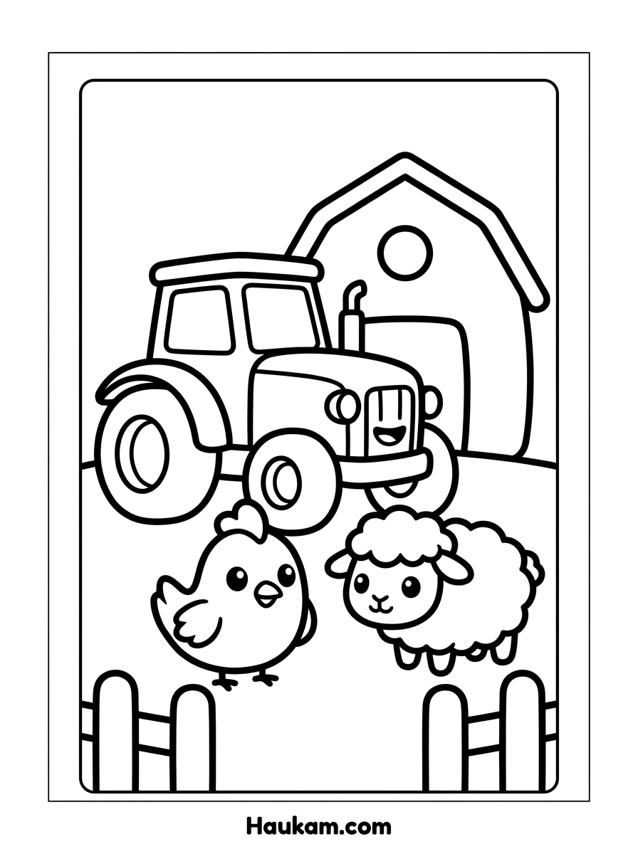 Ausmalen Traktor: Kostenlose Ausmalbilder zum Ausdrucken 4 Ausmalen Traktor Ausmalbild mit Bauernhoftieren – Huhn und Schaf vor Scheune, Malvorlage für Kinder
