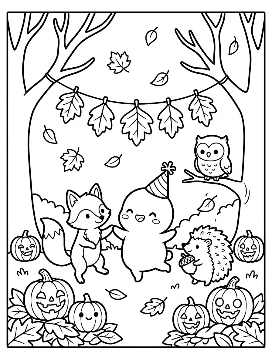 Hexe Ausmalbild für Kinder: 5 zauberhafte Malvorlagen zum Ausdrucken mit spannender Herbstgeschichte 4 Hexe Ausmalbild Herbstfest – tanzende Hexe mit Waldtieren, Kürbislaternen und Blättergirlande, Malvorlage für Halloween