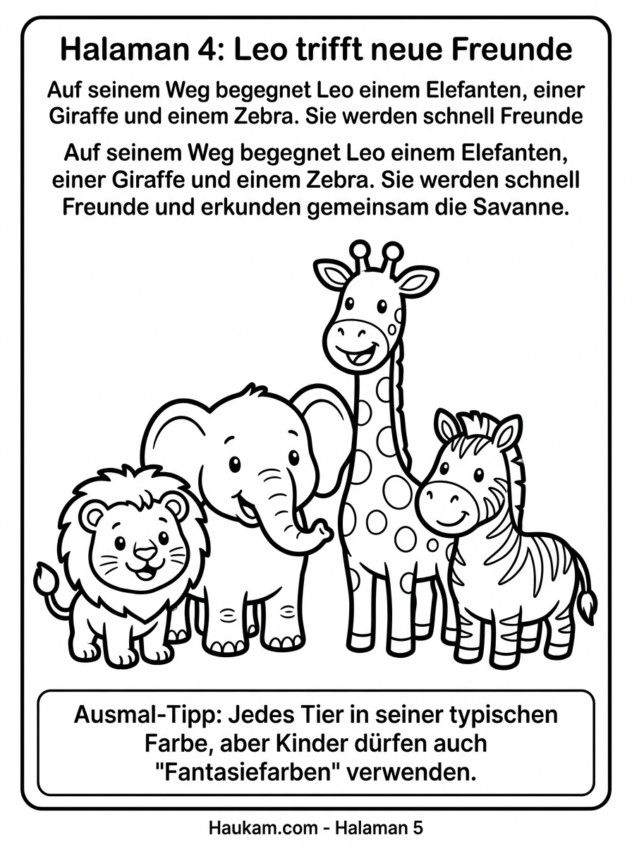 Löwe zum Ausmalen : 5 liebevolle Ausmalbilder mit Leo, dem kleinen Löwen aus der Savanne 4 Ausmalbild mit Löwe, Elefant, Giraffe und Zebra als Freunde in der Savanne