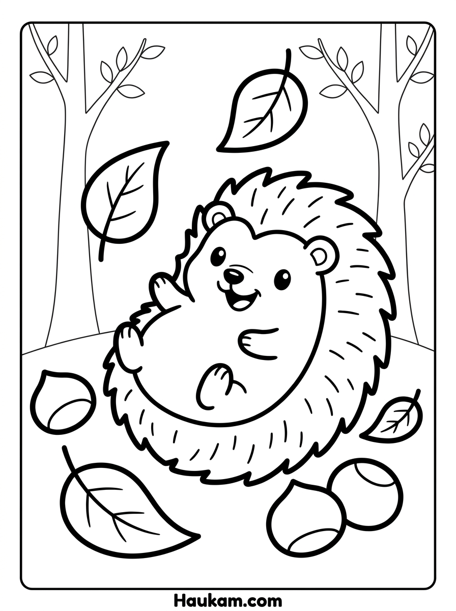 Natur Ausmalbilder zum Ausdrucken für Kinder 4 Natur Ausmalbilder: kleiner Igel zwischen Blättern und Kastanien im Herbst