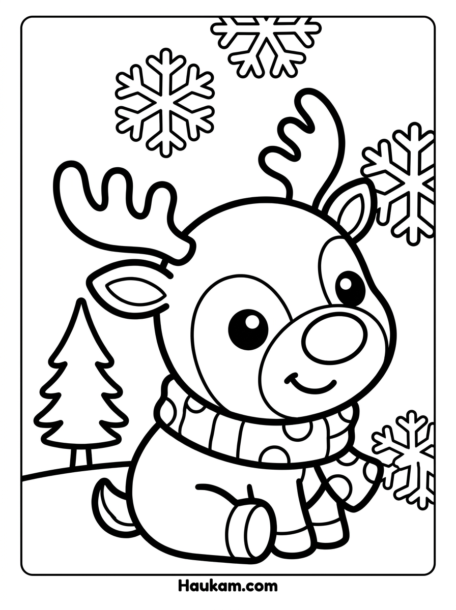 Ausmalbilder Winter Kostenlos: 5 Motive für Kinder 4 Ausmalbilder Winter – süßes Rentier mit Schal und kleinem Geweih, kindgerechte Malvorlage zum Ausdrucken