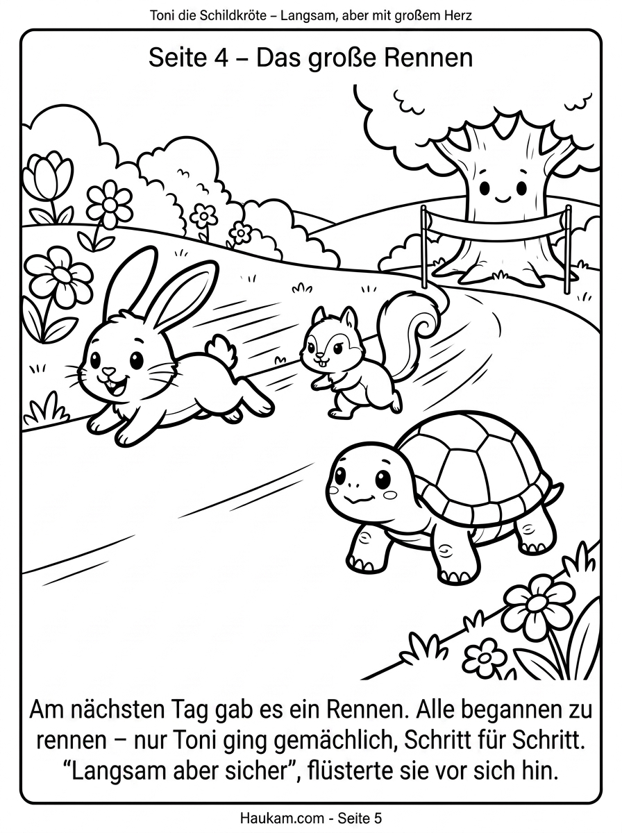 Schildkröte zum Ausmalen: Eine herzerwärmende Geschichte für Kinder in 5 liebevoll gestalteten Ausmalbildern zum Ausdrucken 4 Schildkröte zum Ausmalen – Wettrennen zwischen Toni, Hase und Eichhörnchen auf der Wiese, dynamisches Ausmalbild für Kinder