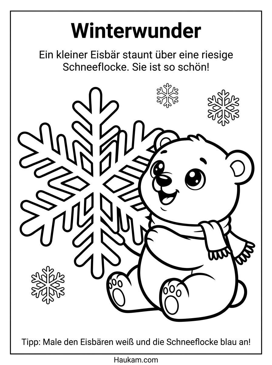 Schneeflocke Ausmalbild: Kostenlose Vorlagen für Kinder 4 Schneeflocke Ausmalbild mit niedlichem Pinguin als Wintermotiv