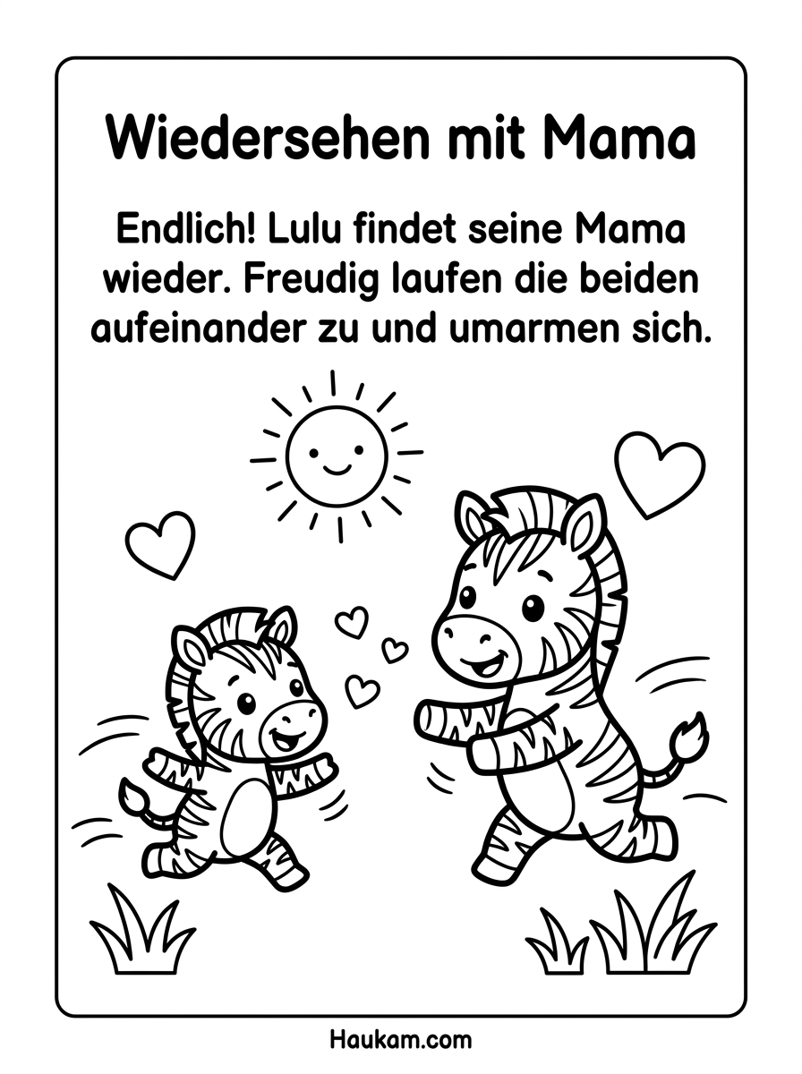 Ausmalbild Dschungeltiere: Wie Lulu, das kleine Zebra, seinen Weg zurück zur Mama findet 5 Ausmalbild Dschungeltiere – Zebrafohlen Lulu läuft freudig auf seine Mama zu