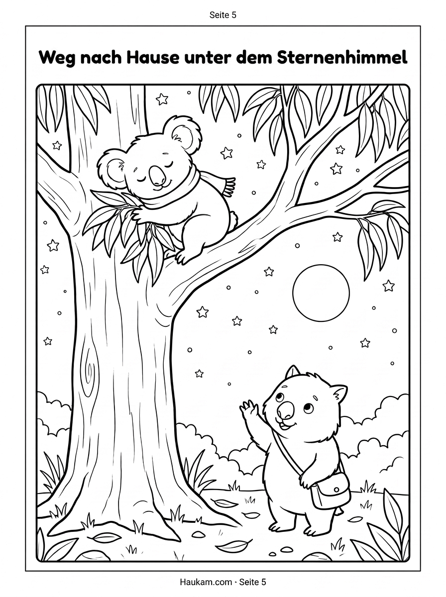 Ausmalbild Koala zum Ausdrucken: Die Abenteuergeschichte von Koko für kleine Naturfreunde 5 Ausmalbild Koala Koko kehrt unter dem Sternenhimmel zu seinem Baum zurück