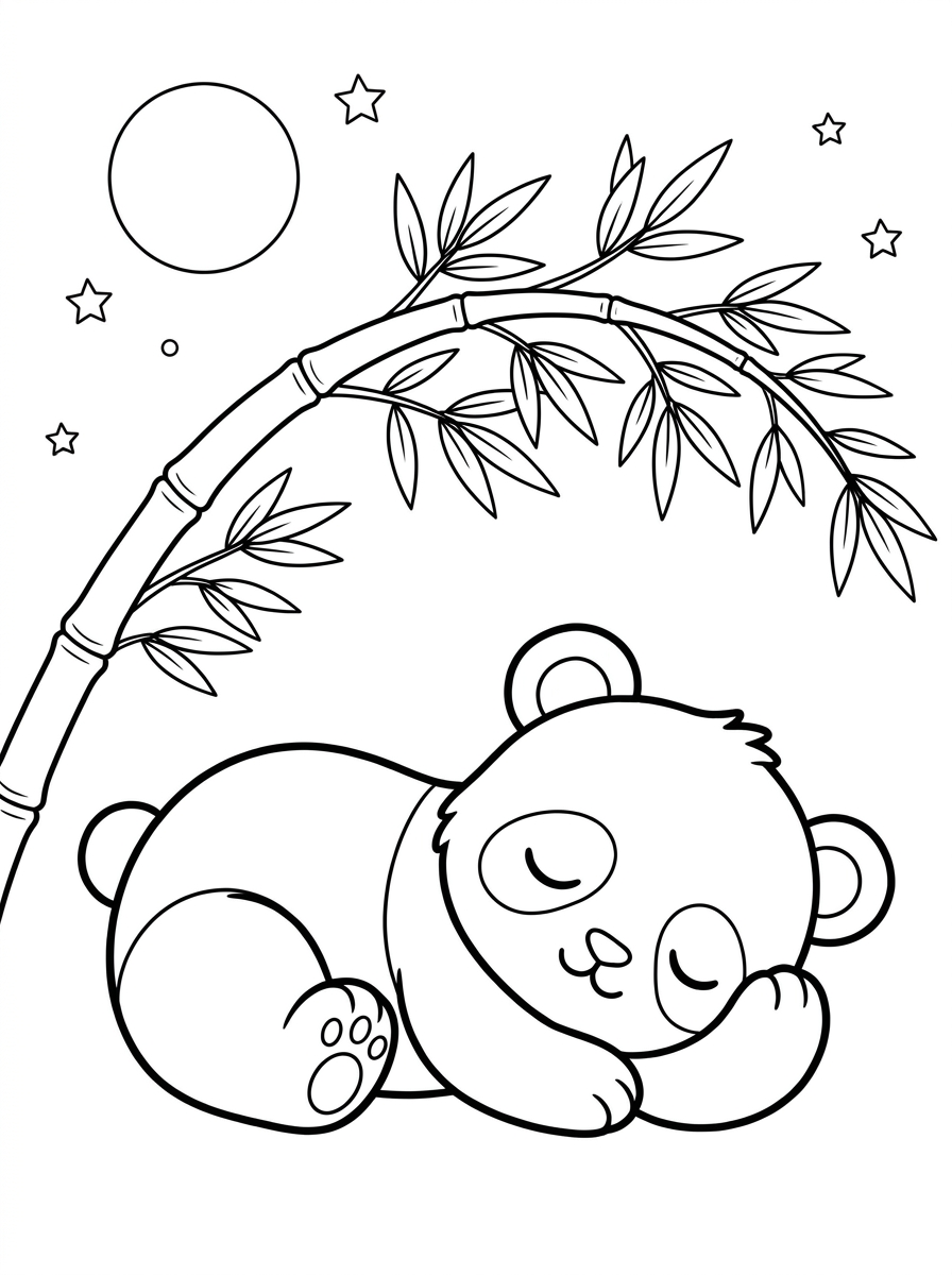Ausmalbild Panda für Kinder: Wie Pings Bambuswald-Abenteuer zu einer Geschichte zum Ausmalen wird 5 Ausmalbild Panda Gute-Nacht-Motiv – Panda Ping schläft friedlich unter einem Bambuszweig unter dem Sternenhimmel, Malvorlage in Schwarz-Weiß.