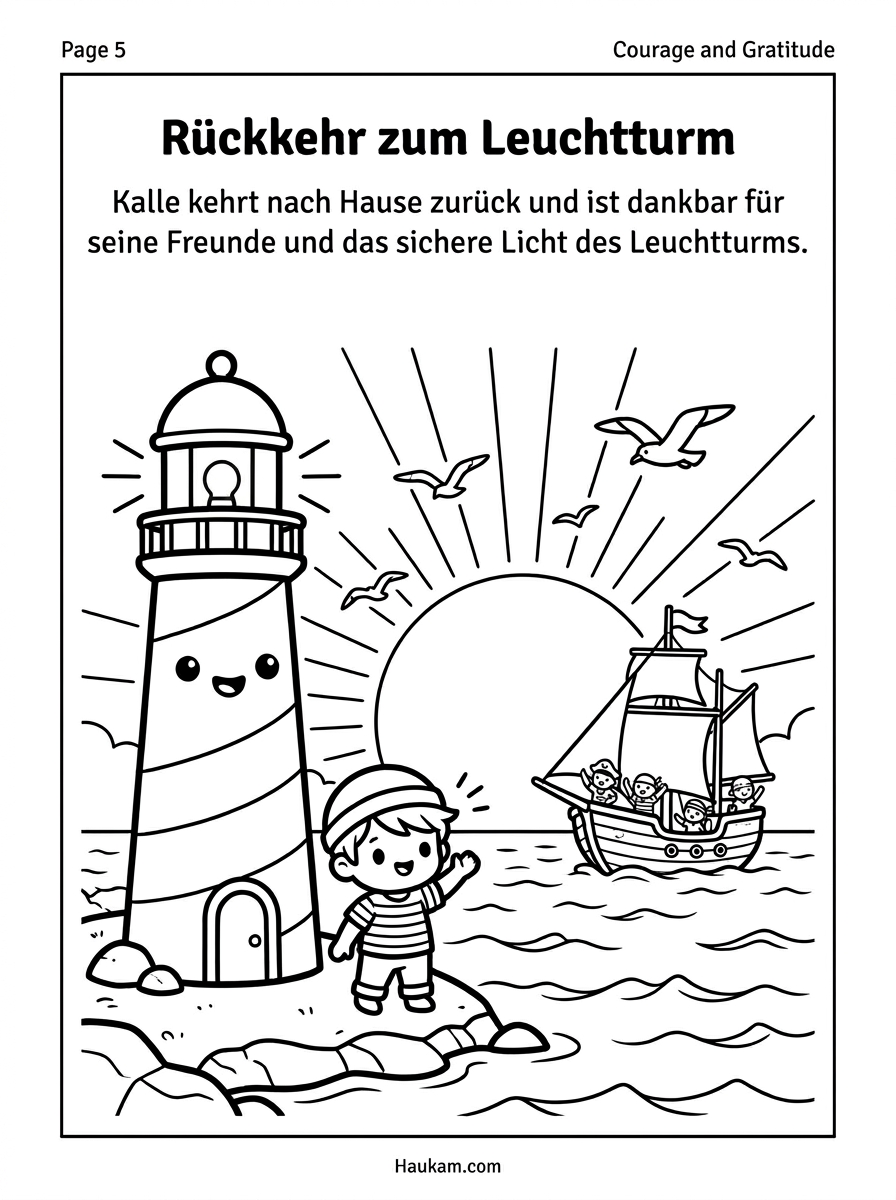 Piraten Ausmalbilder für Kinder: Kalles Schatzsuche als fünfteilige Ausmalgeschichte 5 piraten ausmalbilder : Pirat Kalle auf dem Heimweg zum Leuchtturm bei Sonnenuntergang über dem Meer, begleitet von fliegenden Möwen.