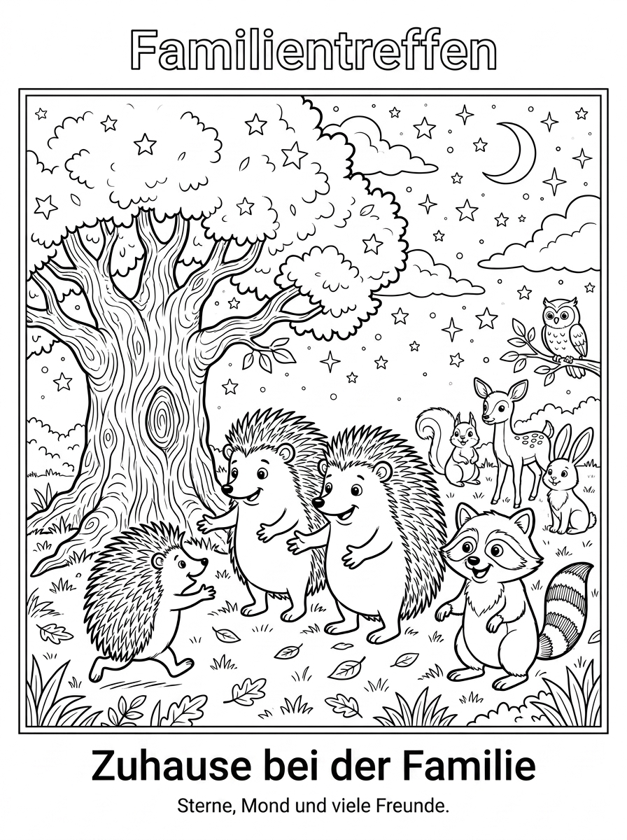 Ausmalbild Waschbär für Kinder: Roccos Waldabenteuer zum Ausmalen und Vorlesen 5 Ausmalbild Waschbär Rocco und Igelfamilie beim Wiedersehen unter dem Sternenhimmel