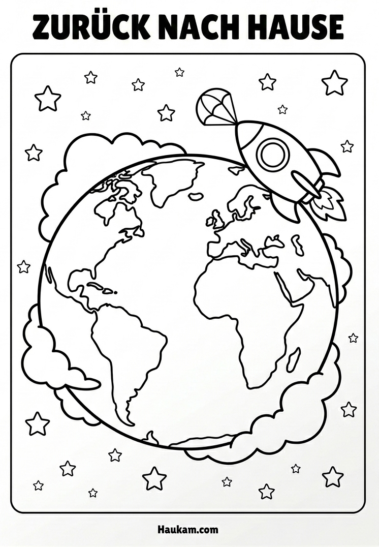 Ausmalbild Weltall für Kinder: Fünf zauberhafte Weltraum-Malvorlagen zum kostenlosen Ausdrucken 5 Ausmalbild Weltall Erde – Rakete landet sanft auf der Erde, Malvorlage mit Wolken und Kontinenten für Kinder