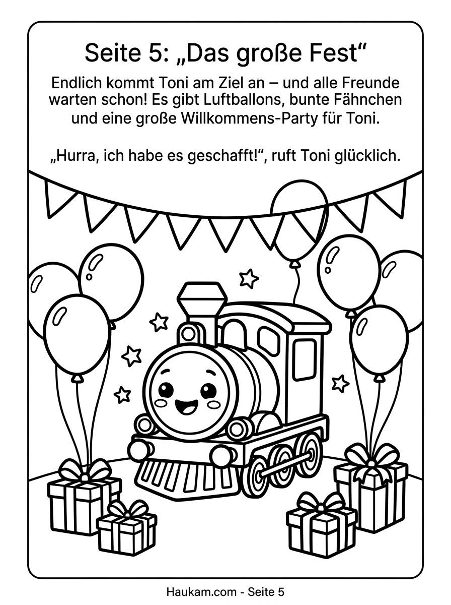 Ausmalbild Zug : Wie Tonis Reise durch Berge, Bauernhof und Fest kleine Künstler begeistert 5 Ausmalbild Zug beim Fest – fröhlicher Chibi-Zug Toni umgeben von Luftballons, Wimpelkette und Geschenken, schwarz-weiße Malvorlage zum Ausdrucken