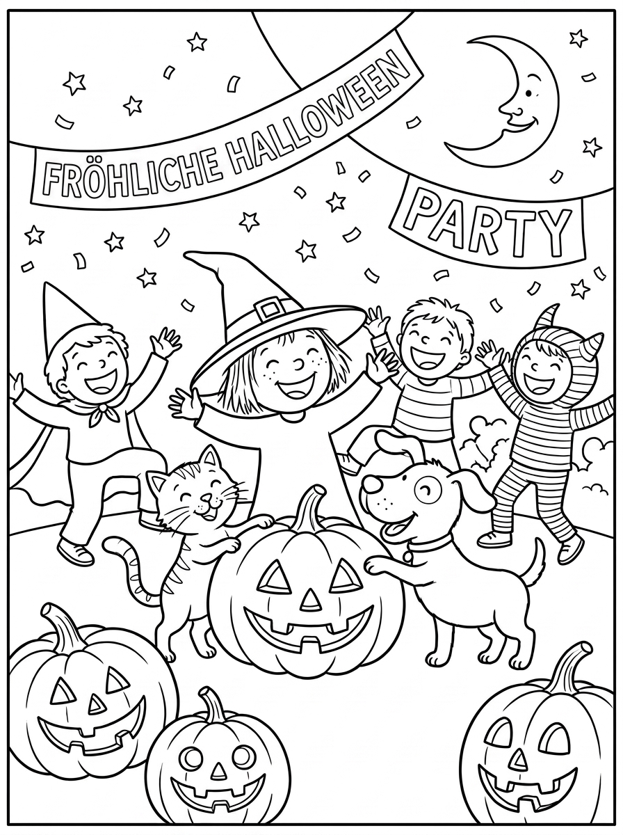 Ausmalbilder Halloween für Kinder : Wie Hexe Lotta kleinen Künstlern das Gruseln austreibt 5 Ausmalbilder Halloween für Kinder: Hexe Lotta, Kater Krümel, Geist Gustav und Kinder tanzen um leuchtende Kürbisse