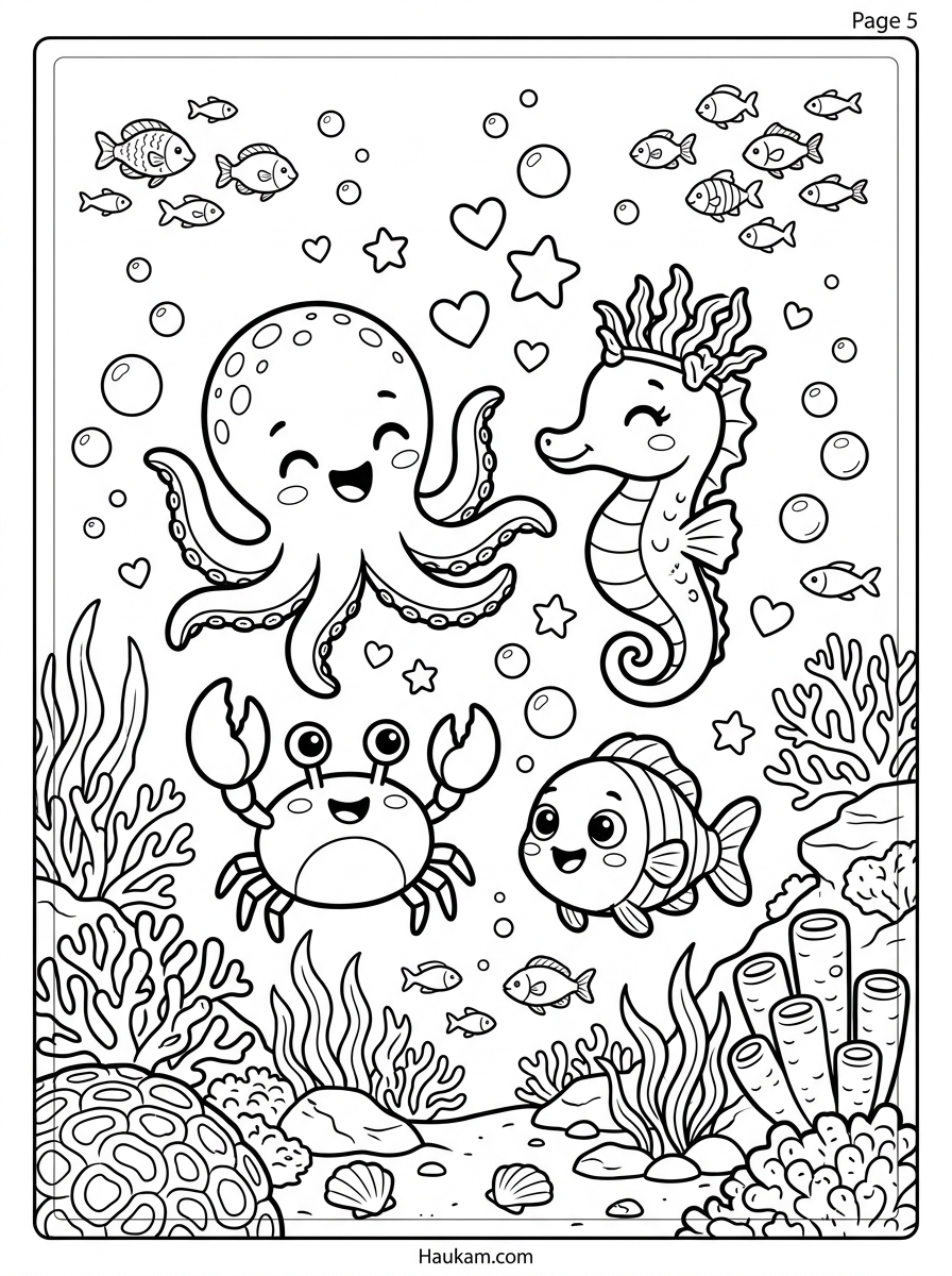 Ausmalbilder Unterwasserwelt : Eine bezaubernde Malvorlagen-Geschichte mit Ozzi dem Oktopus 5 Ausmalbilder Unterwasserwelt: Vier Meeresfreunde feiern gemeinsam im bunten Korallenriff, Malvorlage für Kinder