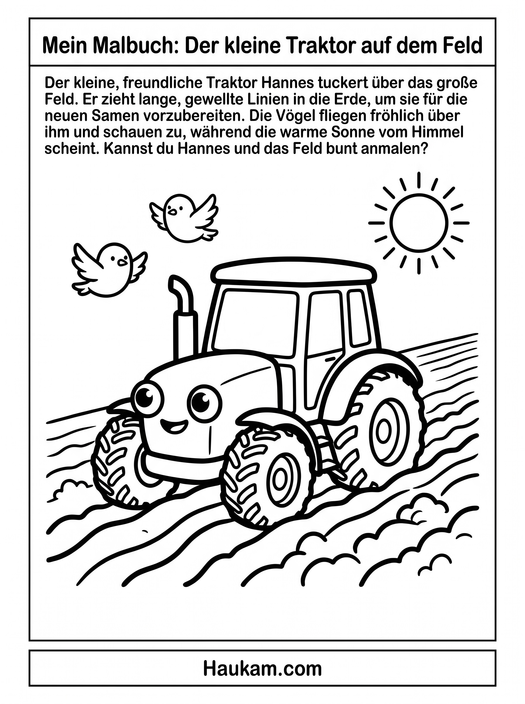 Ausmalen Traktor: Kostenlose Ausmalbilder zum Ausdrucken 5 Ausmalen Traktor beim Pflügen Ausmalbild – Malvorlage mit Feldfurchen und Vögeln für Kinder