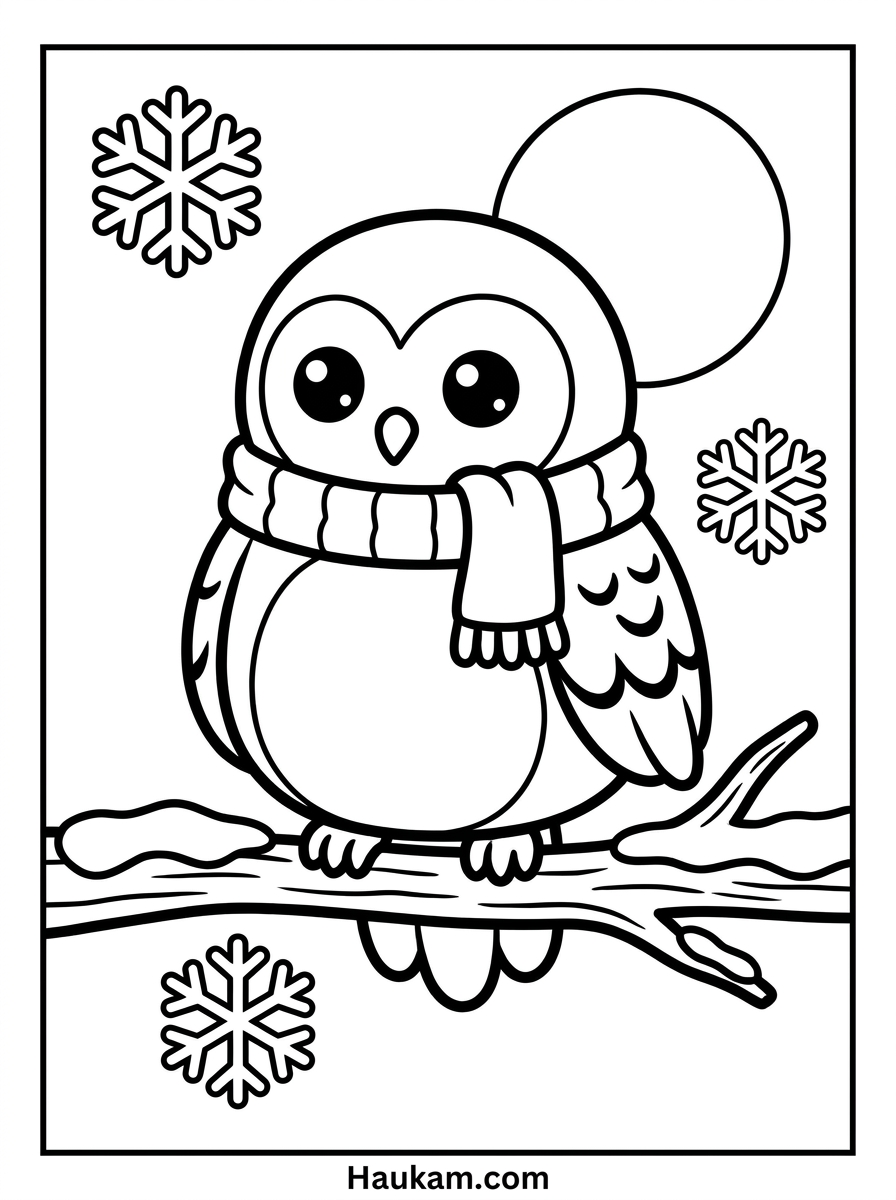 Ausmalbilder Winter Kostenlos: 5 Motive für Kinder 5 Ausmalbilder Winter – runde Eule auf schneebedecktem Ast, einfache Malvorlage mit dicken Linien für Kinder
