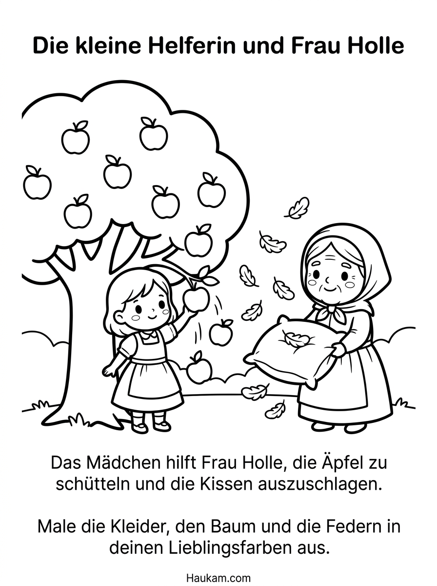 Ausmalbilder Märchen zum Ausdrucken – Gratis für Kinder 5 Ausmalbilder Märchen zum Ausdrucken – Frau Holle schüttelt Federn am Apfelbaum, kostenlose Malvorlage für Kinder