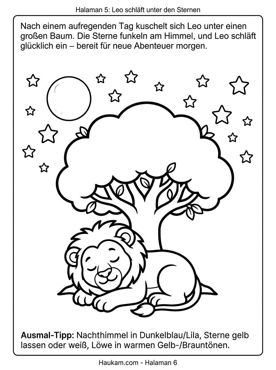 Löwe zum Ausmalen : 5 liebevolle Ausmalbilder mit Leo, dem kleinen Löwen aus der Savanne 5 Löwe zum Ausmalen: Leo schläft friedlich unter einem Baum bei Sternenhimmel und Mond
