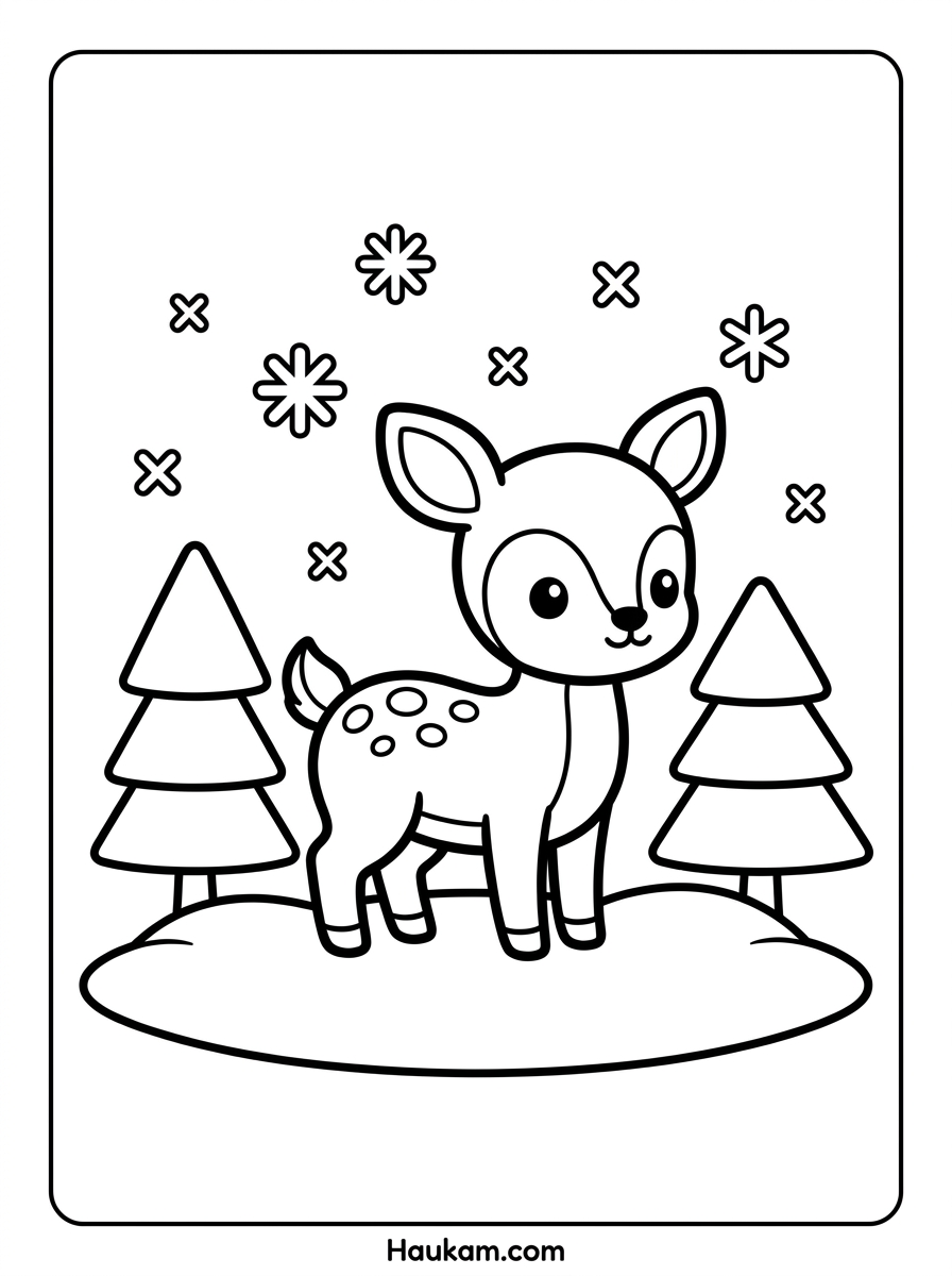Natur Ausmalbilder zum Ausdrucken für Kinder 5 Natur Ausmalbilder Rehkind im Schnee zwischen Tannenbäumen im Winterwald