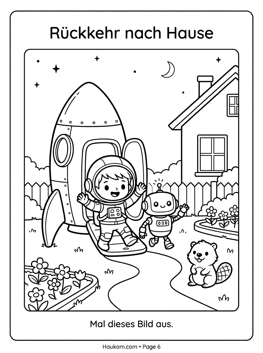 Raketen Ausmalbilder : Eine Zauberhafte Weltraumreise zum Ausmalen und Träumen 5 raketen ausmalbilder kostenlos: Rakete landet im Garten bei Sonnenaufgang, Timo und Pip winken fröhlich