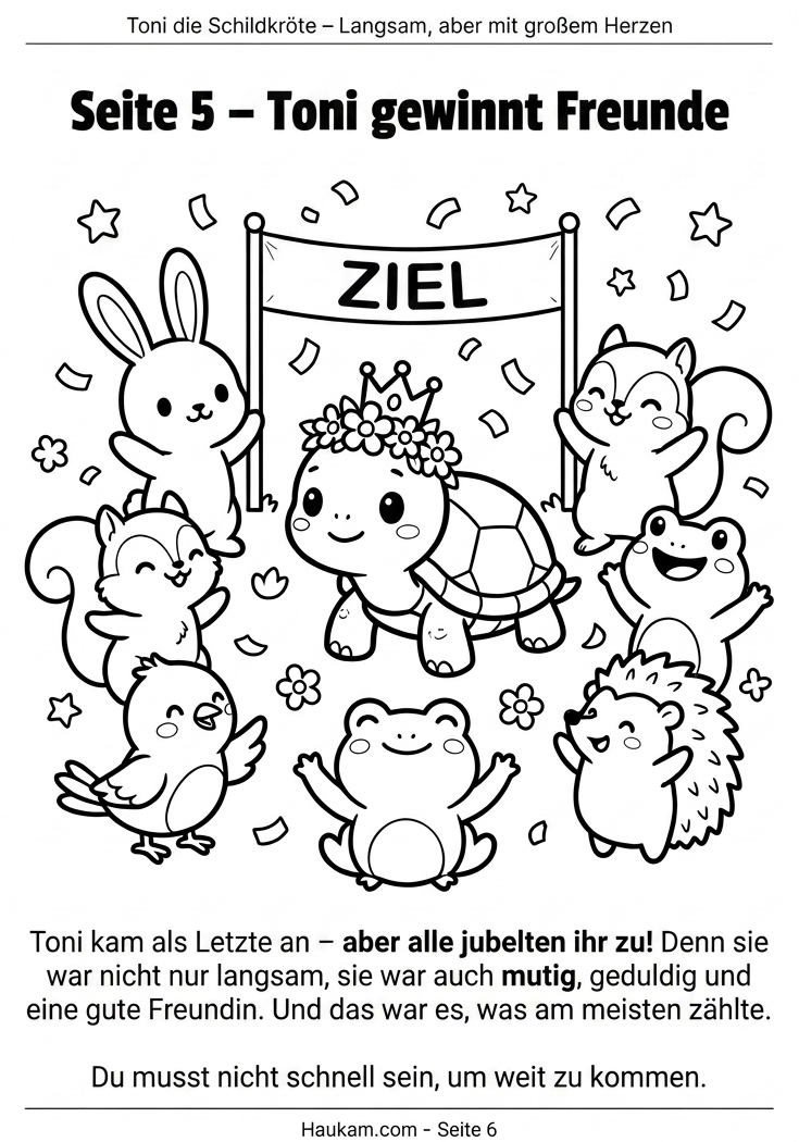 Schildkröte zum Ausmalen: Eine herzerwärmende Geschichte für Kinder in 5 liebevoll gestalteten Ausmalbildern zum Ausdrucken 5 Schildkröte zum Ausmalen – Toni wird von allen Tieren gefeiert, fröhliches Abschluss-Ausmalbild mit Konfetti für Kinder