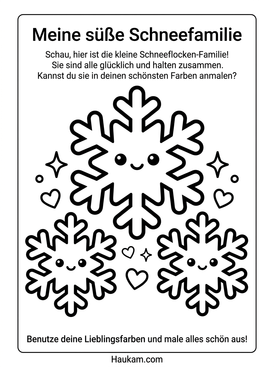 Schneeflocke Ausmalbild: Kostenlose Vorlagen für Kinder 5 Schneeflocke Ausmalbild mit Schneeflocken-Familie zum gemeinsamen Ausmalen