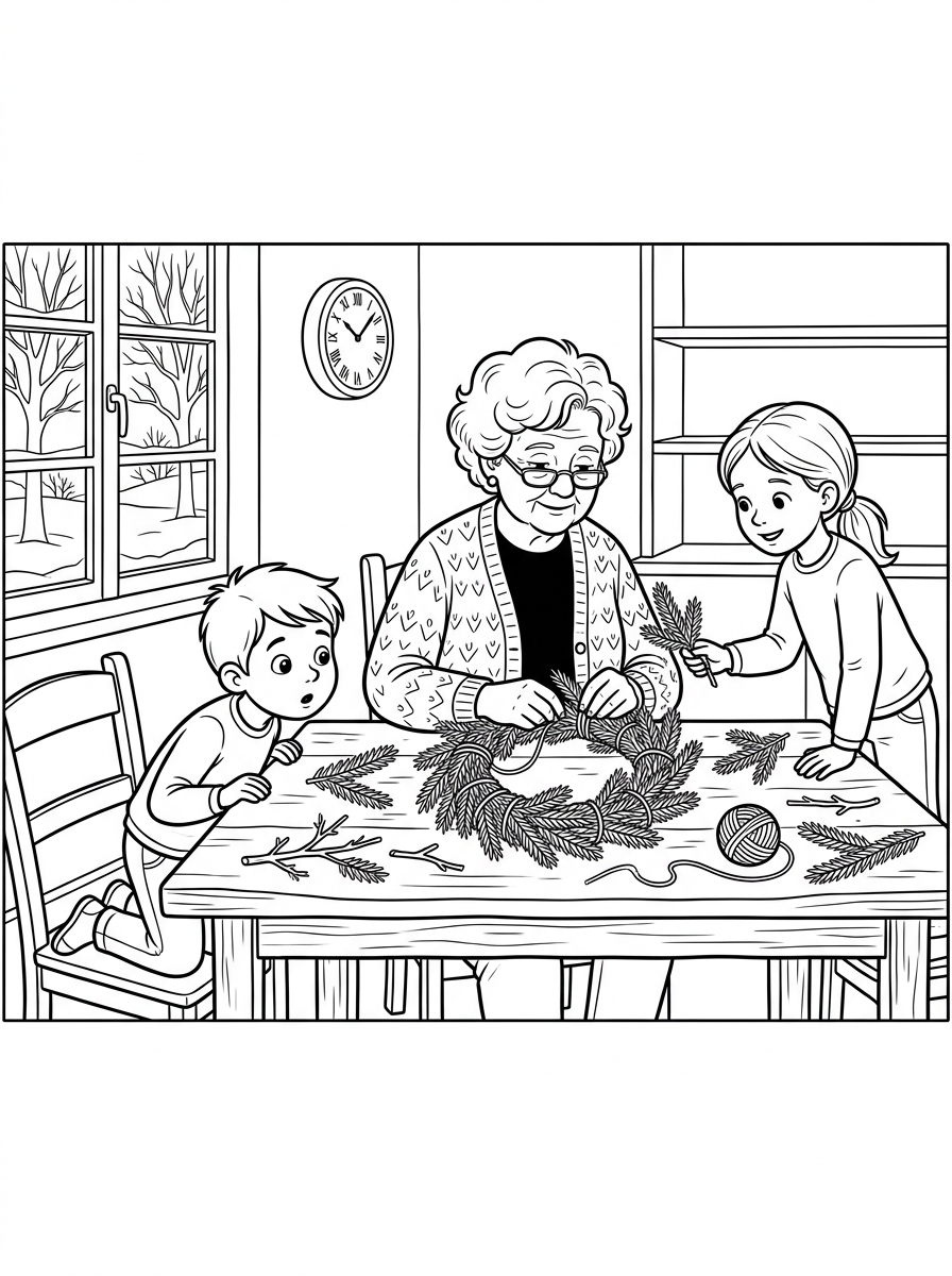 Adventskranz Ausmalbild: 5 herzerwärmende Ausmalvorlagen für eine besinnliche Adventszeit mit Kindern 1 Adventskranz Ausmalbild: Lina und Tom binden mit Oma einen Adventskranz aus Tannenzweigen