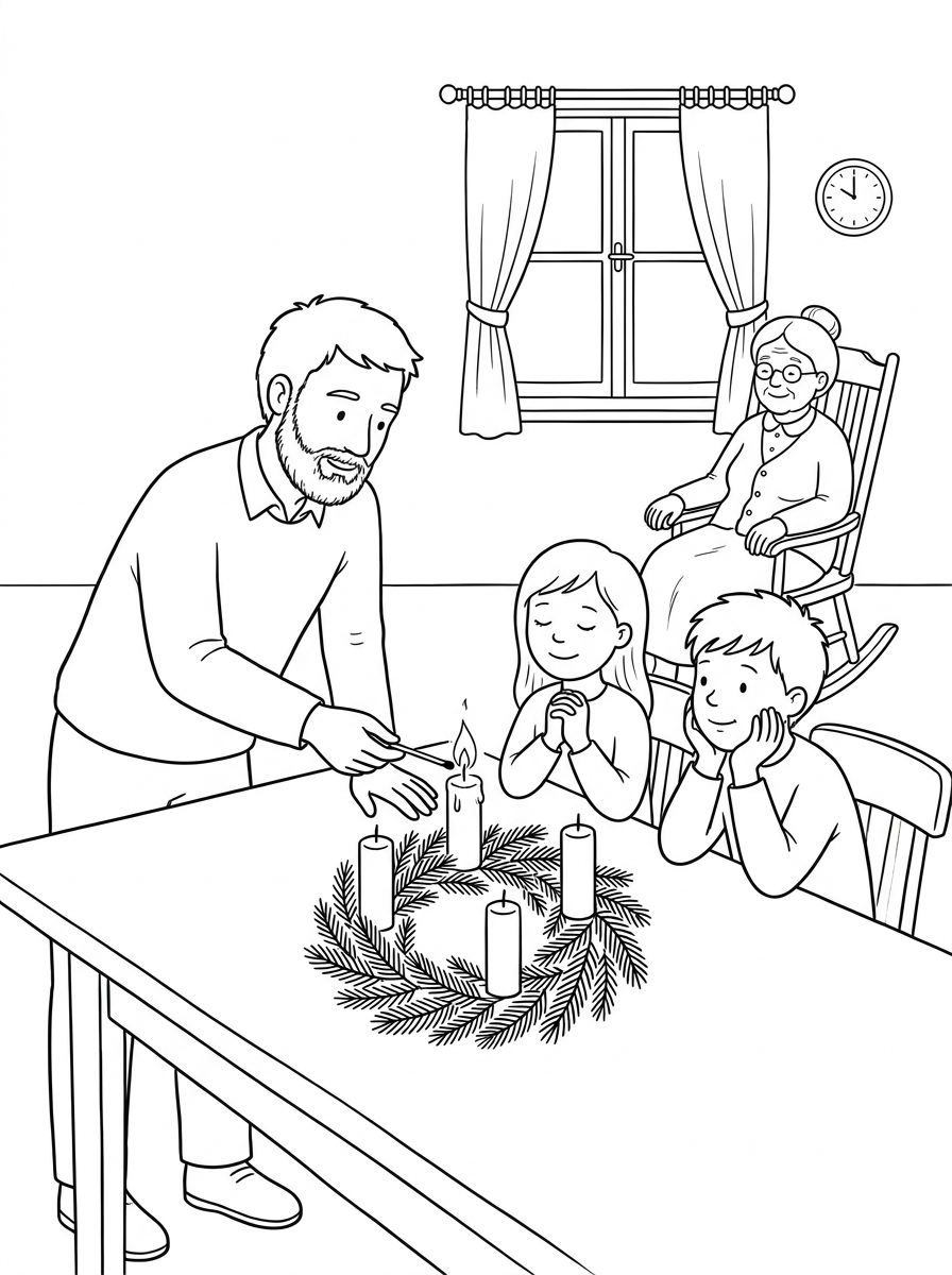 Adventskranz Ausmalbild: 5 herzerwärmende Ausmalvorlagen für eine besinnliche Adventszeit mit Kindern 2 Adventskranz Ausmalbild: Familie zündet gemeinsam die erste Adventskerze an