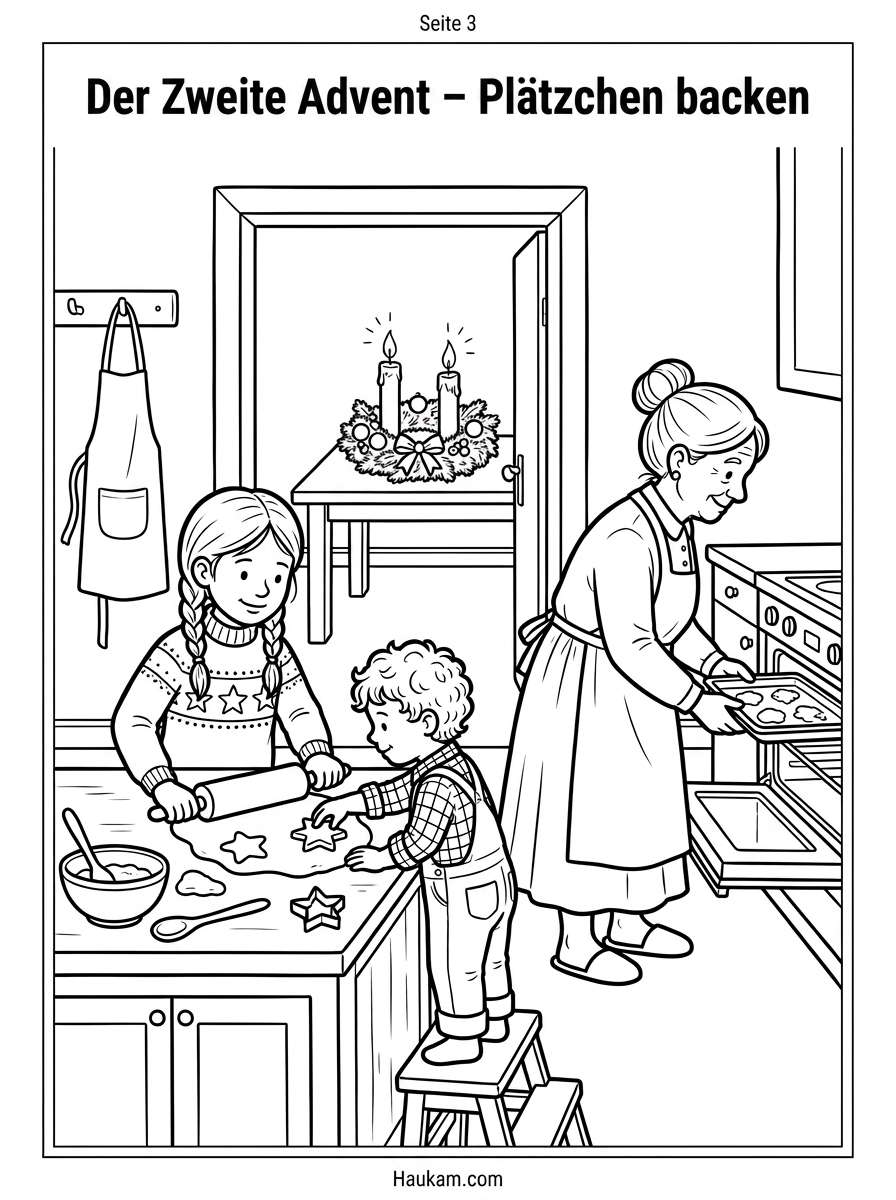 Adventskranz Ausmalbild: 5 herzerwärmende Ausmalvorlagen für eine besinnliche Adventszeit mit Kindern 3 Adventskranz Ausmalbild: Kinder backen Plätzchen zum zweiten Advent in der Küche