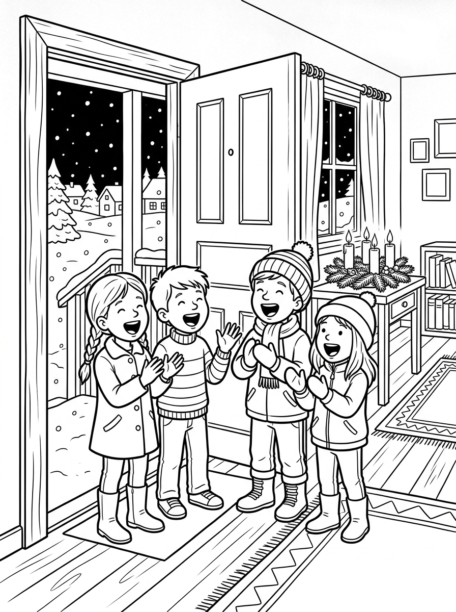 Adventskranz Ausmalbild: 5 herzerwärmende Ausmalvorlagen für eine besinnliche Adventszeit mit Kindern 4 Adventskranz Ausmalbild: Nachbarskinder singen ein Adventslied zum dritten Advent