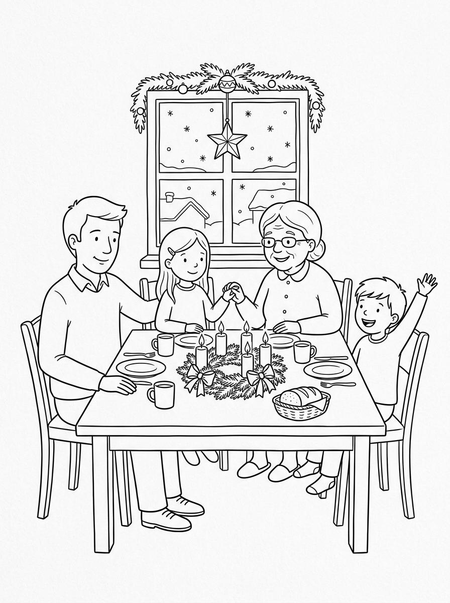 Adventskranz Ausmalbild: 5 herzerwärmende Ausmalvorlagen für eine besinnliche Adventszeit mit Kindern 5 Adventskranz Ausmalbild: Die ganze Familie sitzt zusammen, alle vier Kerzen brennen