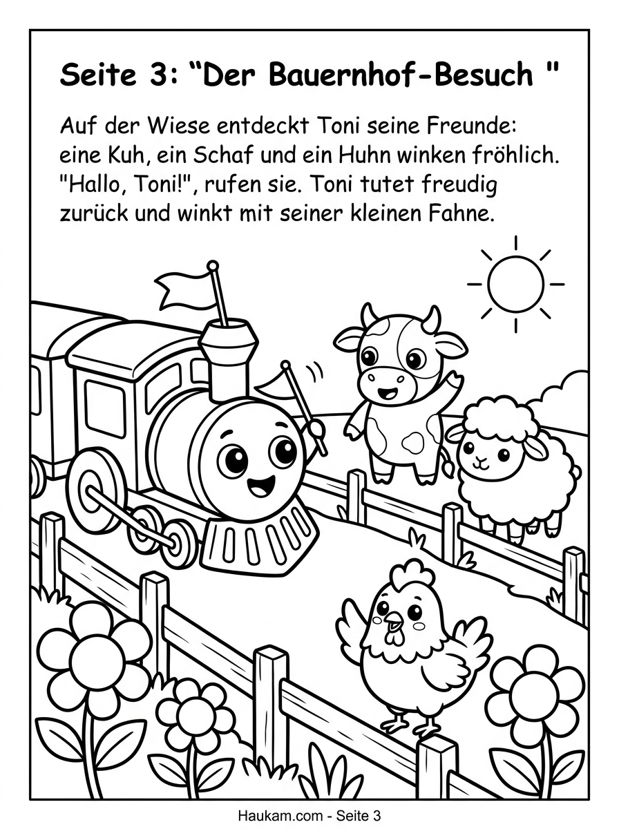 Ausmalbild Zug : Wie Tonis Reise durch Berge, Bauernhof und Fest kleine Künstler begeistert 3 Ausmalbild Zug auf dem Bauernhof – Chibi-Zug Toni winkt Kuh, Schaf und Huhn am Zaun zu, schwarz-weiße Ausmalvorlage für kleine Kinder