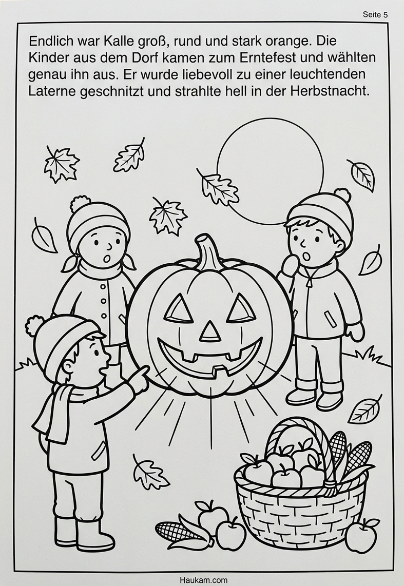 Kürbis zum Ausmalen für Kinder: Eine fünfteilige Herbstgeschichte zum Ausdrucken, Vorlesen und Ausmalen 5 Kürbis zum Ausmalen als geschnitzte Laterne beim Erntefest mit Kindern, Erntekorb und Vollmond, herbstliches Ausmalbild