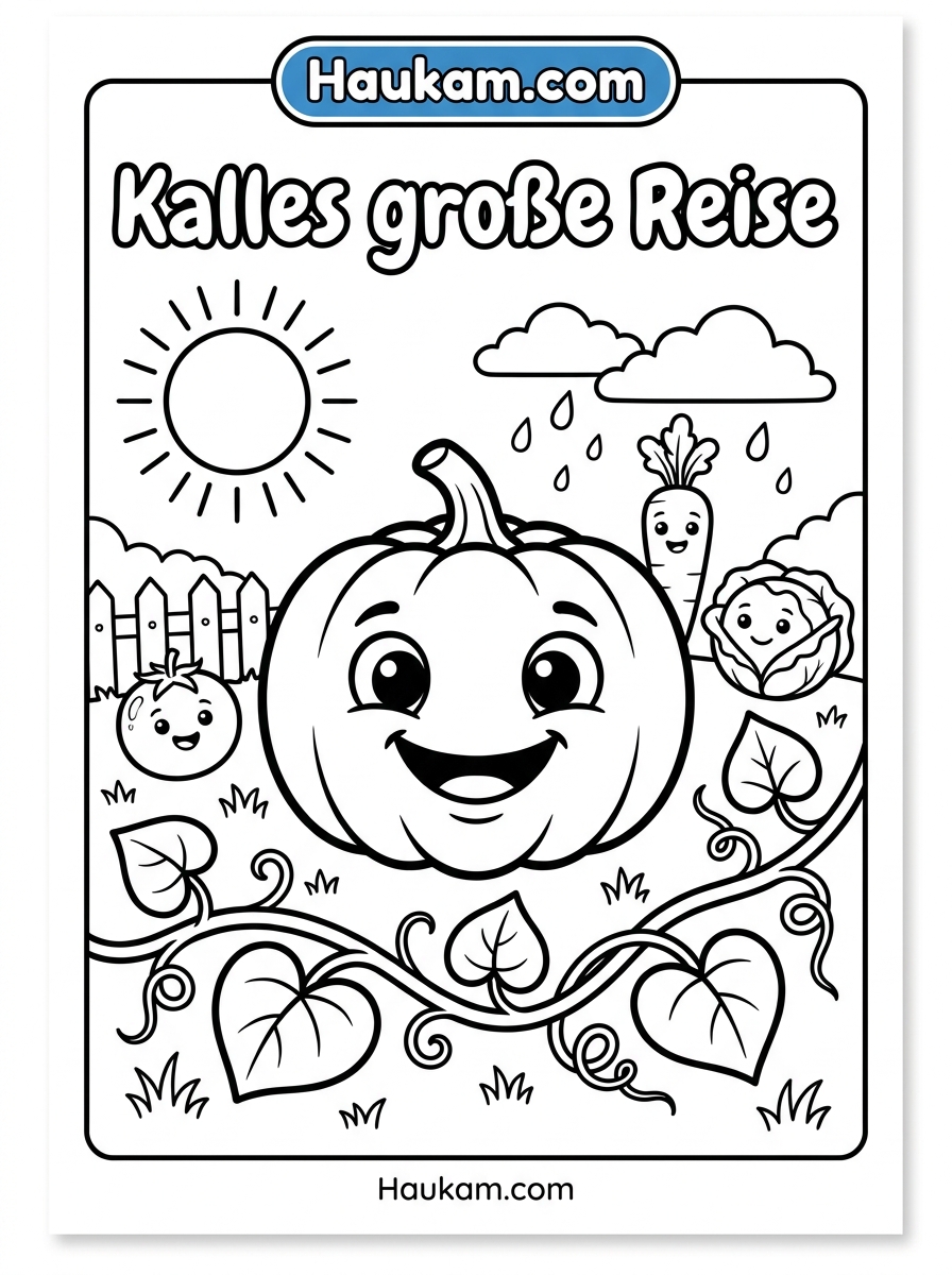 Kürbis zum Ausmalen für Kinder: Eine fünfteilige Herbstgeschichte zum Ausdrucken, Vorlesen und Ausmalen 1 Kürbis zum Ausmalen für Kinder: kleiner Kürbiskern unter der Erde mit Sonne, Regenwürmern und Wurzeln, Schwarz-Weiß-Ausmalbild