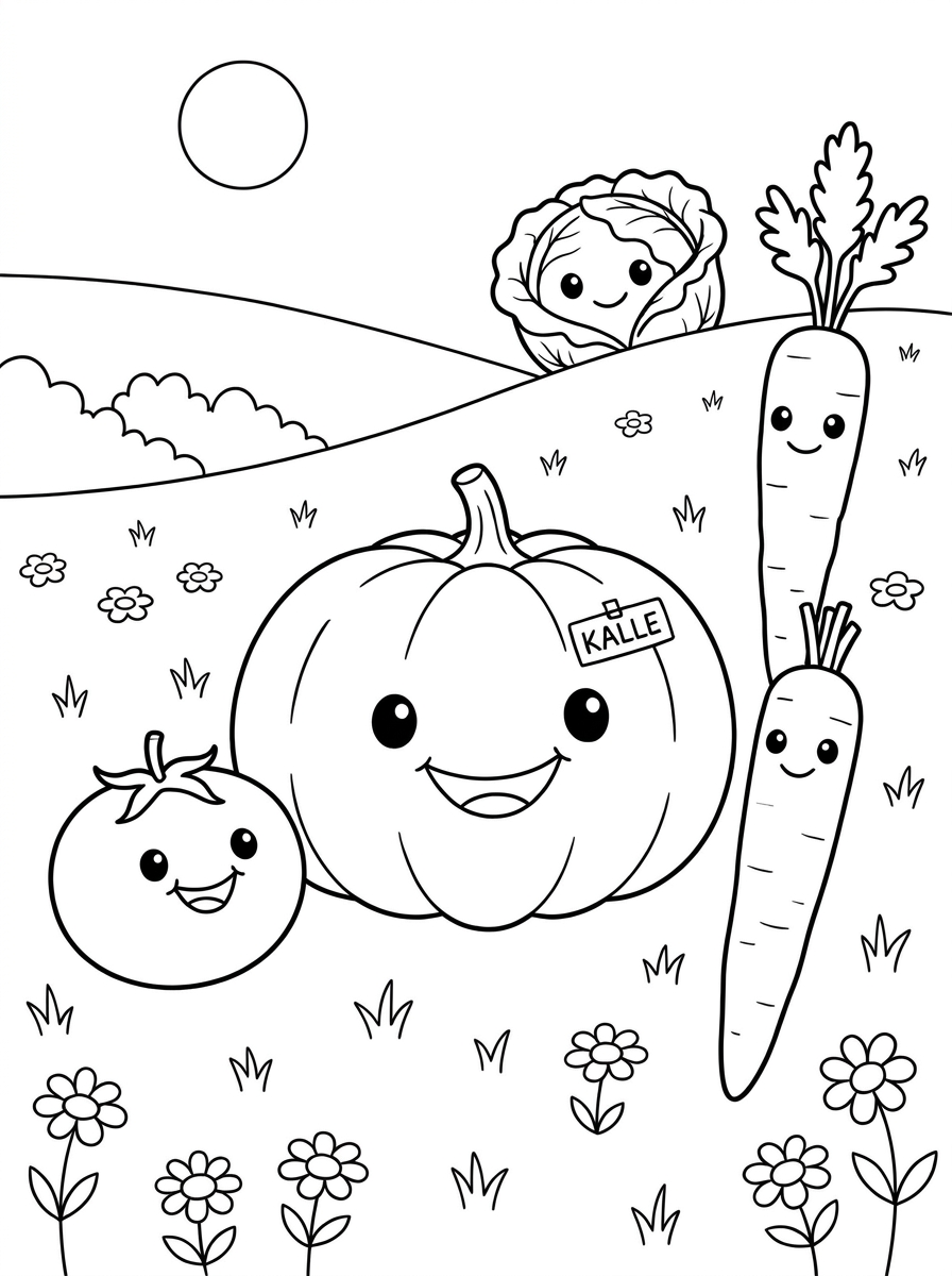Kürbis zum Ausmalen für Kinder: Eine fünfteilige Herbstgeschichte zum Ausdrucken, Vorlesen und Ausmalen 4 Kürbis zum Ausmalen mit Gemüsefreunden: Tomate, Möhre und Kohlkopf auf einer Wiese, Ausmalbild über Freundschaft für Kinder