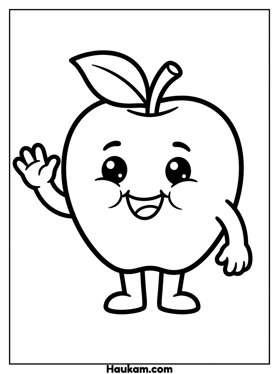 Apfel Ausmalbild: süße Vorlagen für Kinder (Gratis) 1 Apfel Ausmalbild für Kinder – fröhlicher lächelnder Apfel mit dicken Konturlinien zum Ausmalen