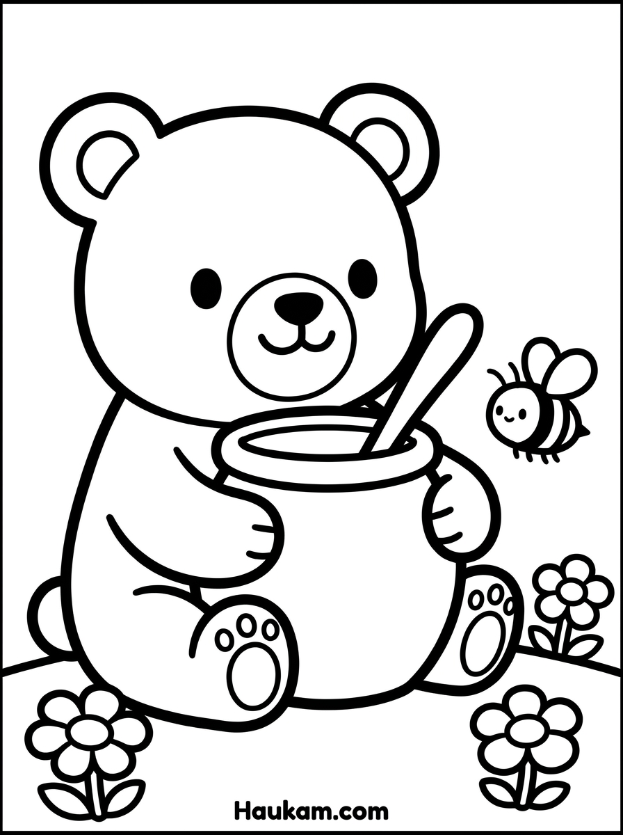 Ausmalbild Bär zum Ausdrucken: 5 Motive für Kinder (gratis) 1 Ausmalbild Bär mit Honigtopf, Biene und Blumen – niedliche Malvorlage für Kinder zum Ausdrucken