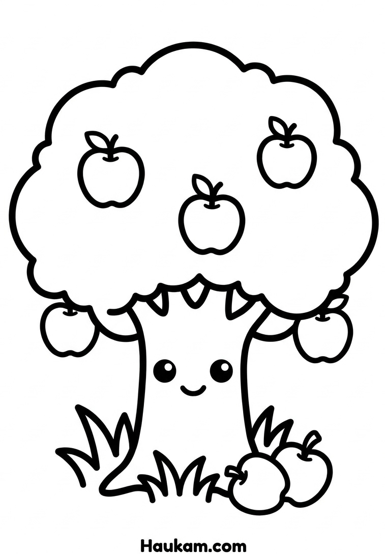 Ausmalbild Baum: kostenlose Vorlagen zum Ausdrucken 1 Ausmalbild Baum für Kinder – fröhlicher Apfelbaum mit Gesicht zum Ausmalen
