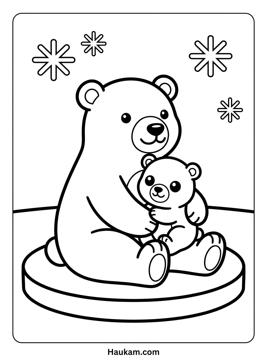 Ausmalbild Eisbären: kostenlose Malvorlagen für Kinder 1 Ausmalbild Eisbären – Eisbärenmutter kuschelt mit ihrem Jungen auf einer Eisscholle, Malvorlage für Kinder