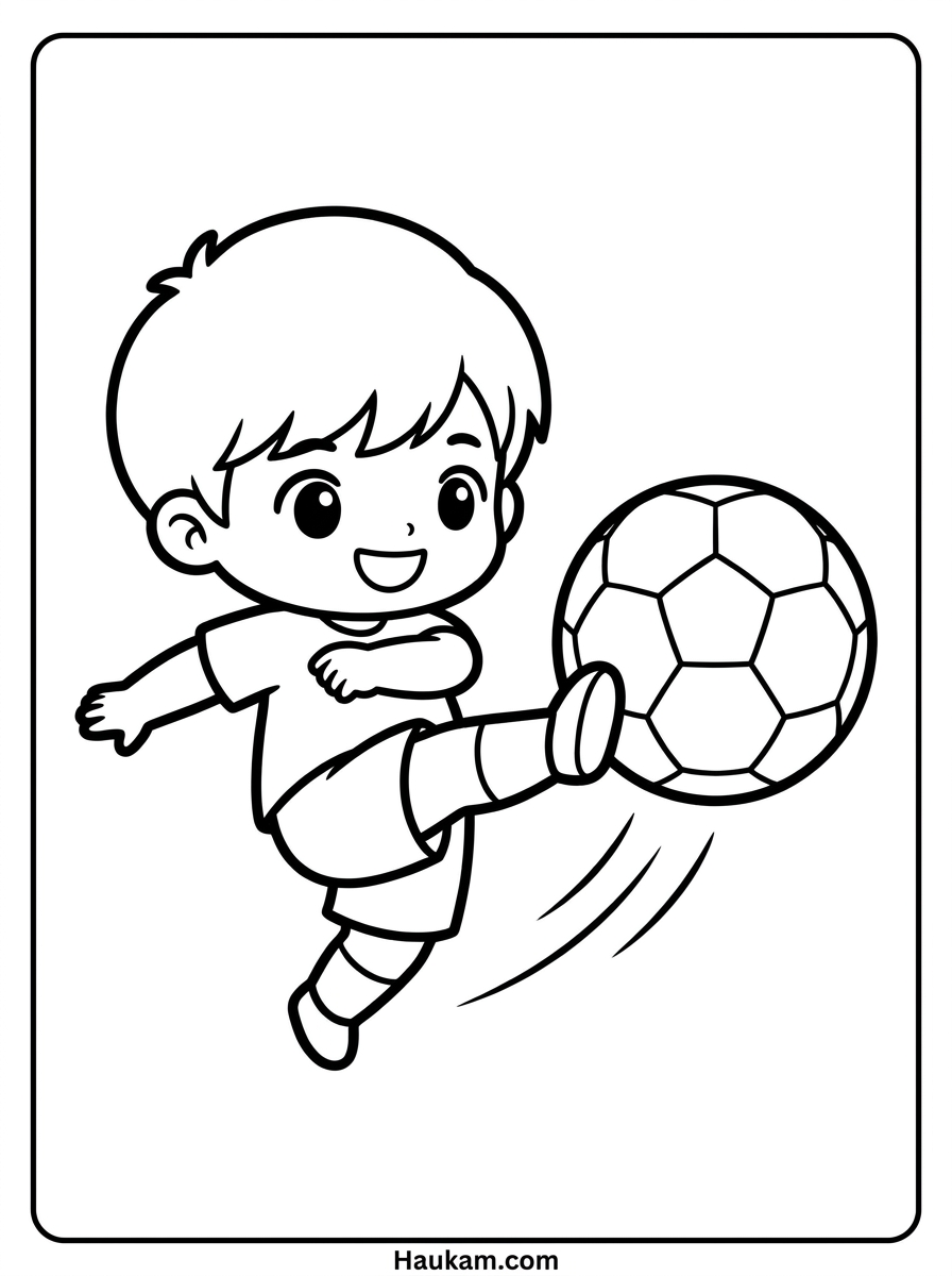 Ausmalbild Fußball: kostenlose Malvorlagen zum Ausdrucken 1 Ausmalbild Fußball für Kinder – kleiner Junge im Chibi-Stil schießt einen Fußball, schwarz-weiße Malvorlage zum Ausdrucken