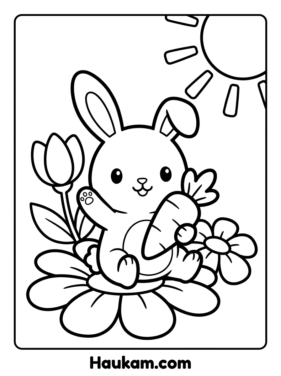 Ausmalbild Hase: 5 kostenlose Ausmalbilder für Kinder 1 Ausmalbild Hase im Blumengarten – winkendes Häschen mit Karotte zum Ausdrucken für Kinder