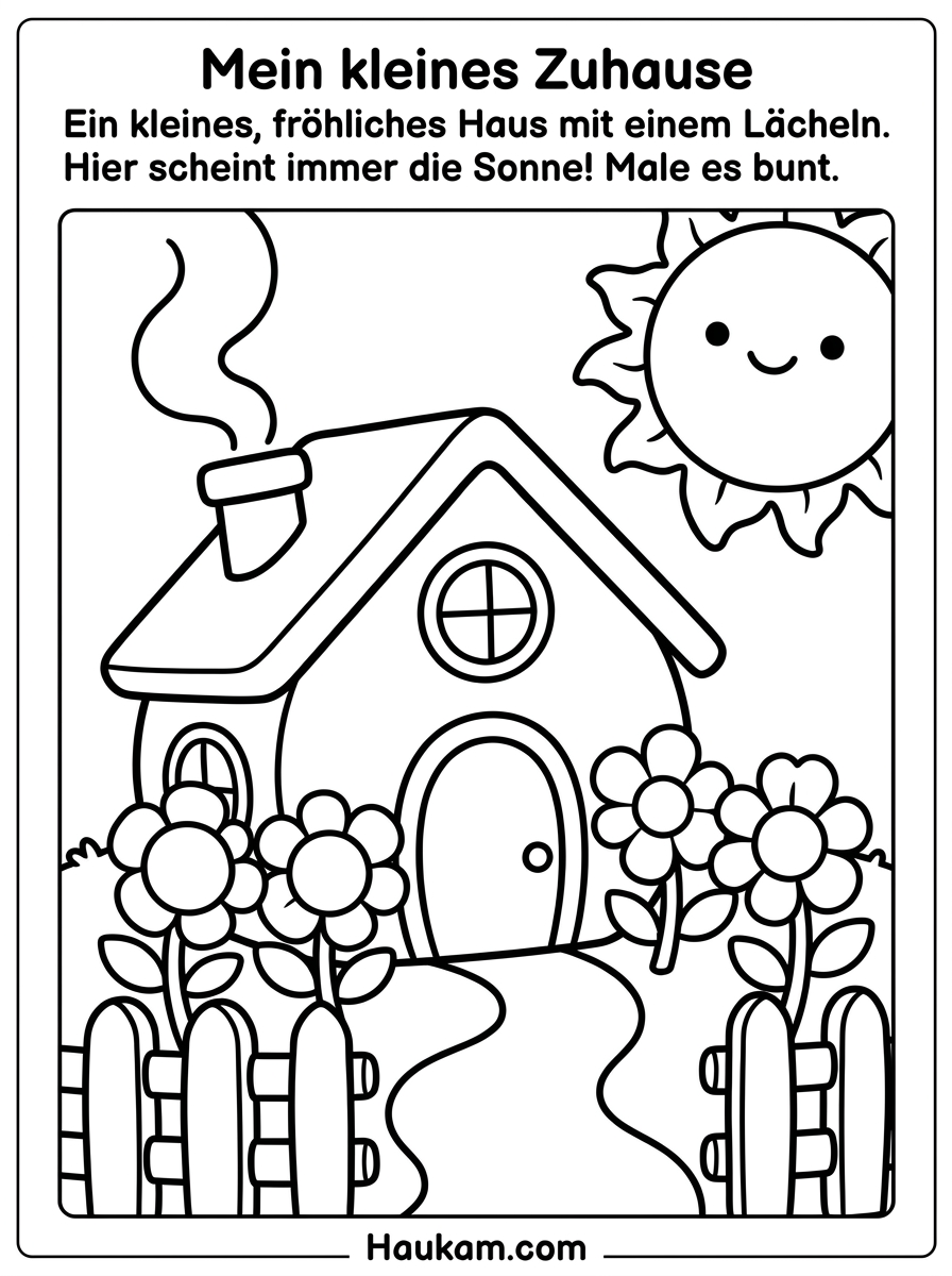 Ausmalbild Haus: kostenlose Malvorlagen für Kinder zum Ausdrucken 1 Ausmalbild Haus für Kinder – gemütliches Familienhaus mit Garten, Blumen und lächelnder Sonne zum Ausmalen