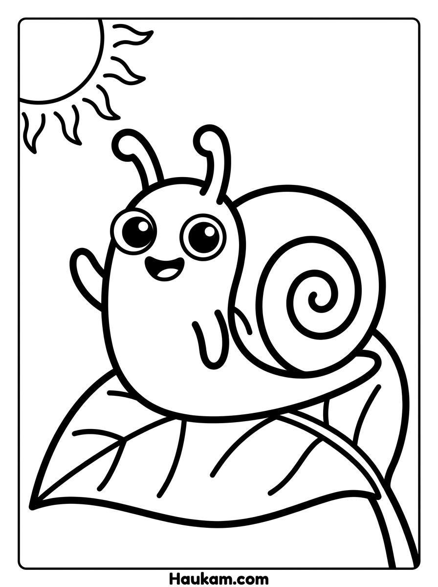 Ausmalbild Schnecke: kostenlose Malvorlagen zum Ausdrucken 6 Ausmalbild Schnecke für Kinder – fröhliche Schnecke auf einem Blatt mit Sonne, Schwarz-Weiß Malvorlage zum Ausdrucken