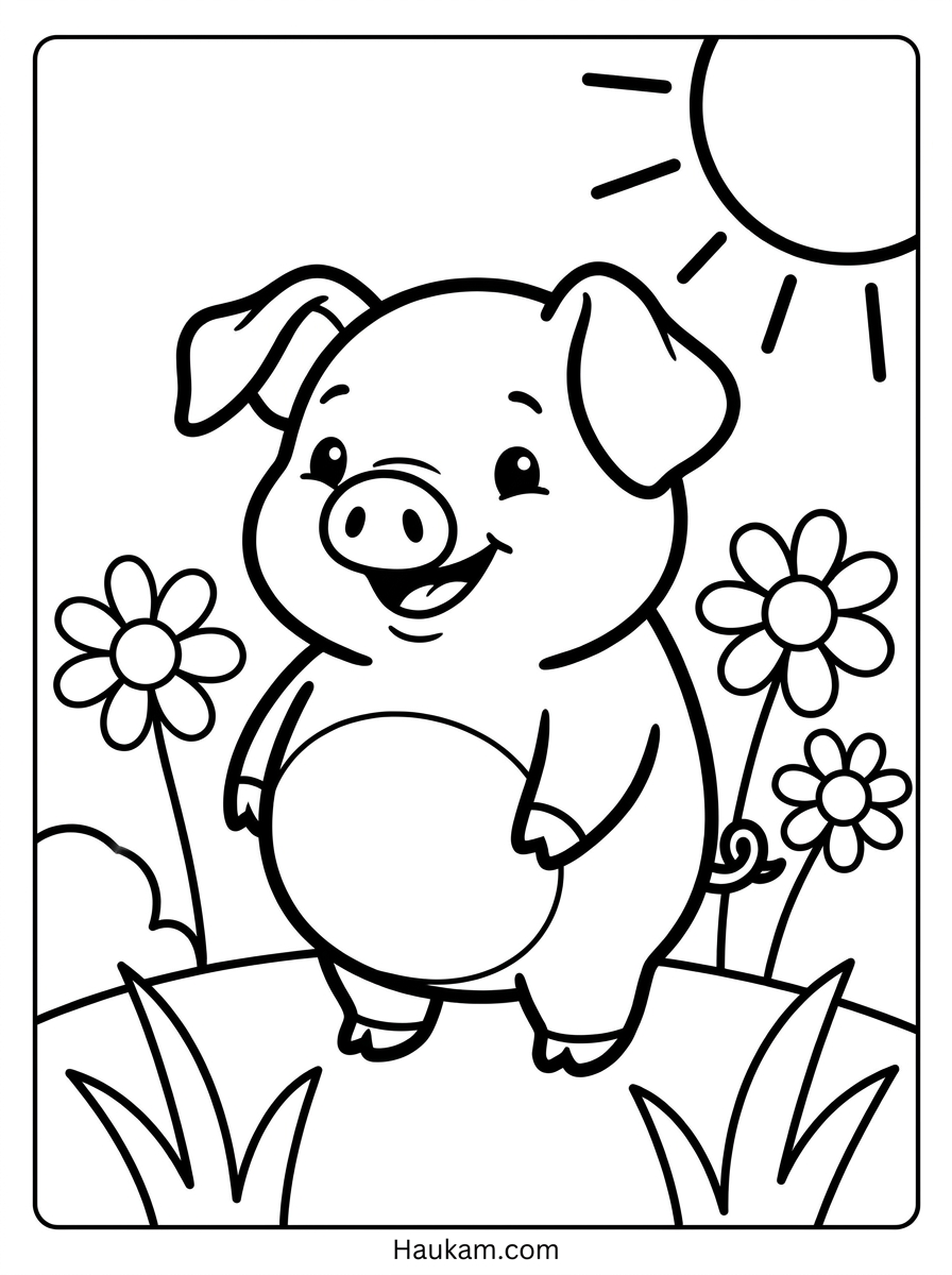 Ausmalbild Schwein kostenlos: süße Malvorlagen für Kinder 1 Ausmalbild Schwein: fröhliches Chibi-Schweinchen auf einer Blumenwiese mit Sonne, dicke Konturlinien zum Ausmalen für Kinder
