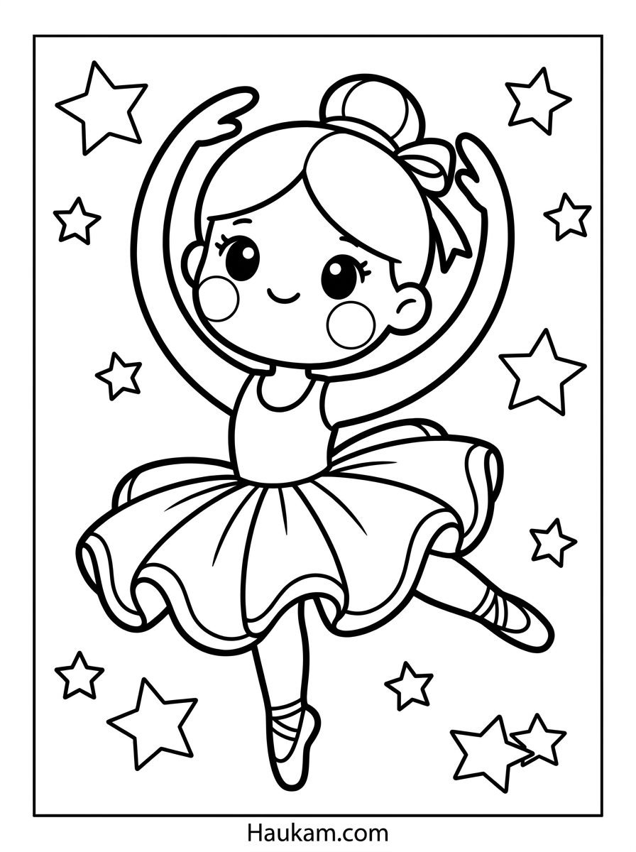 Ausmalbilder Ballerinas: süße Motive zum Ausdrucken 1 Ausmalbilder Ballerinas macht Pirouette mit wehendem Tutu, Chibi-Stil Schwarz-Weiß Malvorlage für Kinder