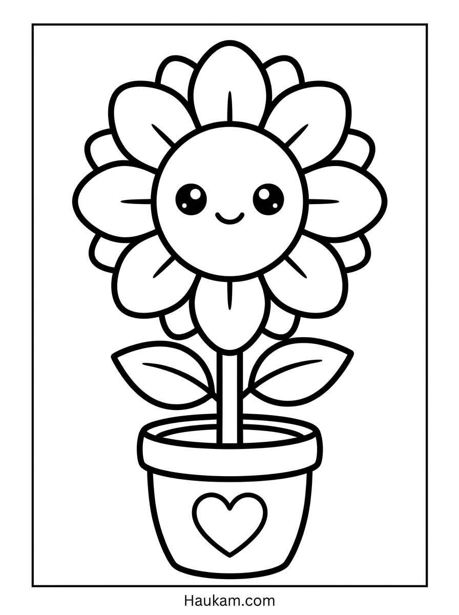 Sonnenblume Ausmalbild: Kostenlose Malvorlage für Kita & Zuhause 1 Sonnenblume Ausmalbild für Kinder mit fröhlichem Gesicht im Blumentopf, Chibi-Stil Malvorlage zum Ausdrucken