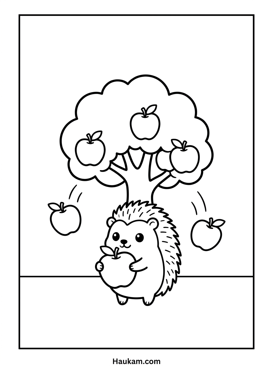 Igel zum Ausmalen: Kostenlose Malvorlagen zum Ausdrucken 6 Igel zum Ausmalen mit Apfel – niedliches Ausmalbild für Kinder im Herbst