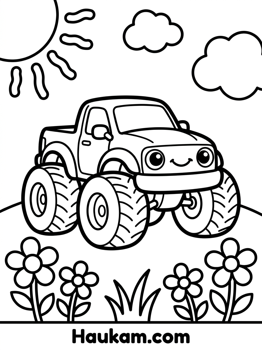 Monster Truck Ausmalbild zum Ausdrucken 1 Monster Truck Ausmalbild für Kinder mit lächelndem Truck, Sonne und Blumen zum Ausdrucken